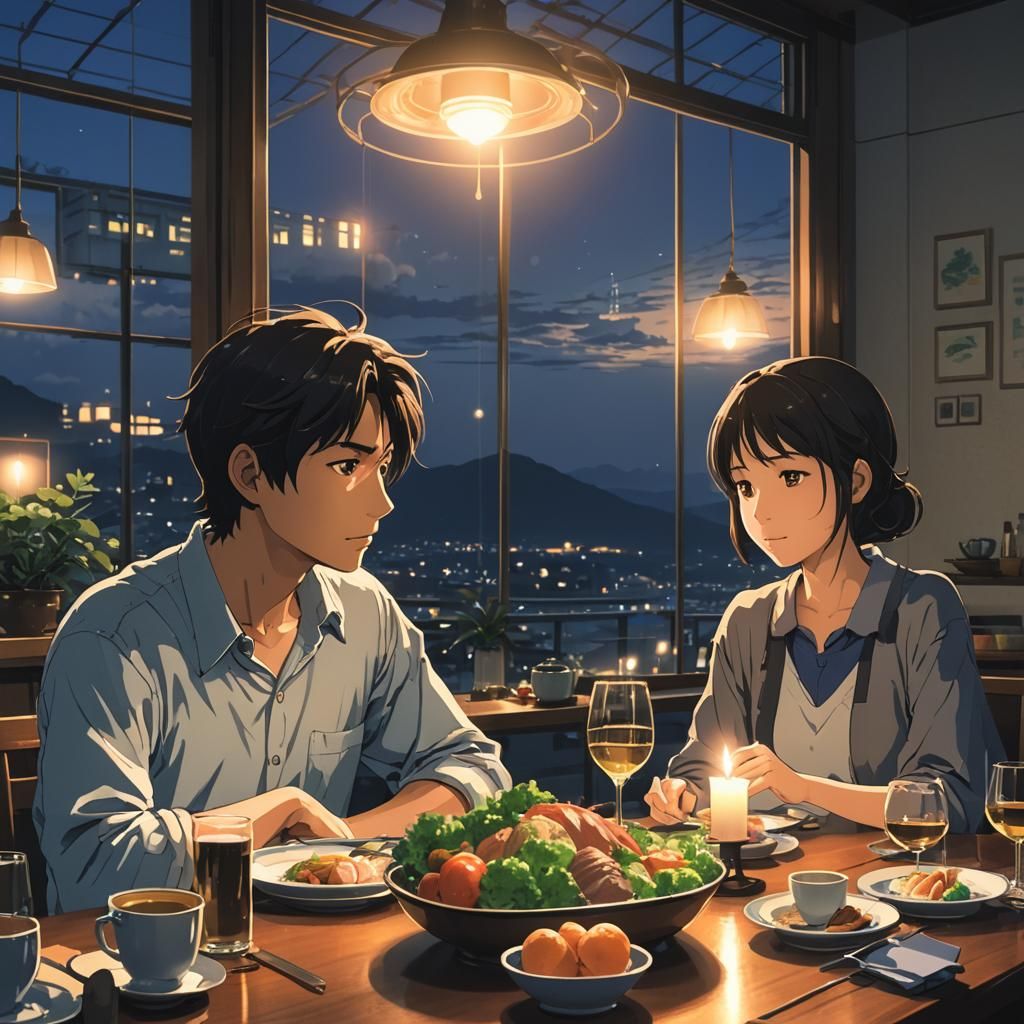 Romantic Dinner Scene in Anime Style