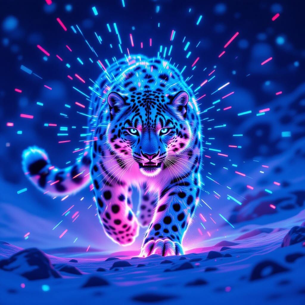 Snow Leopard Leaps, Aglow with Neon Runes