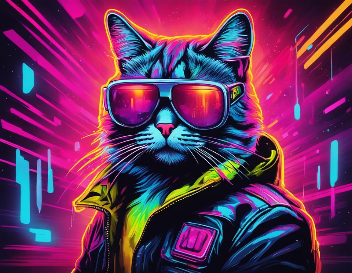 Synthwave Cat Graffiti Art in Neon Retro Style