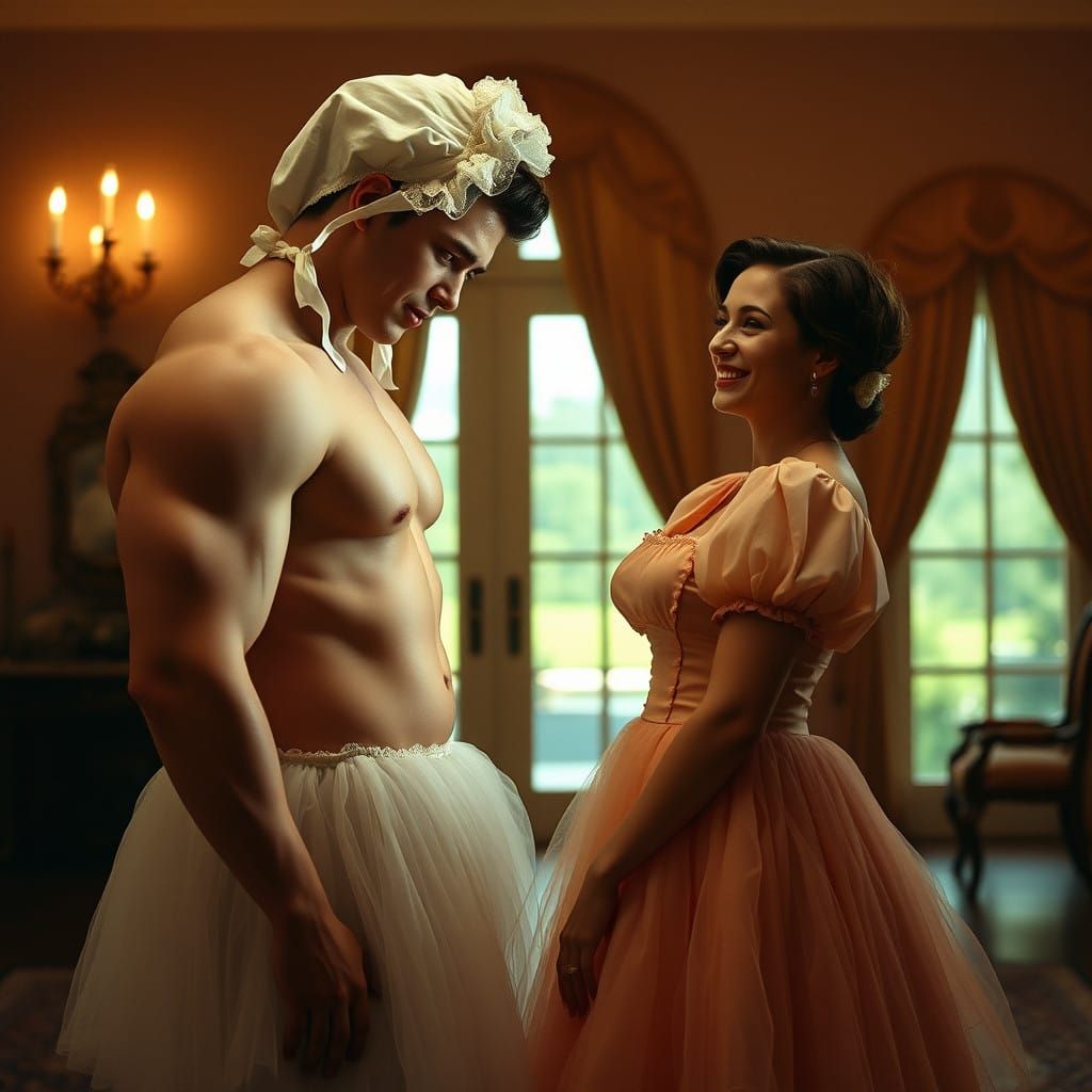 Rugged Man in Whimsical Dress, Elegant Villa in the Backgrou...