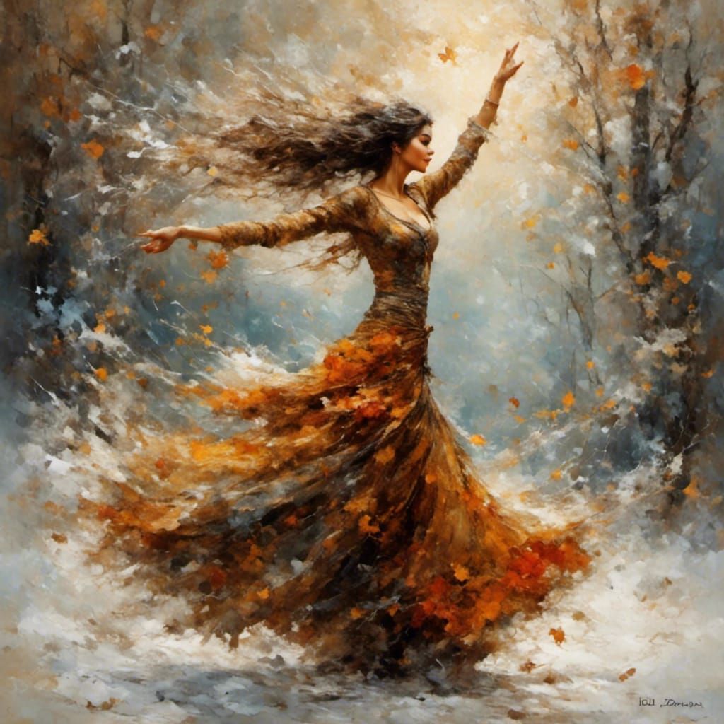 Woman Dances with Snowflakes in Hyperreal Style