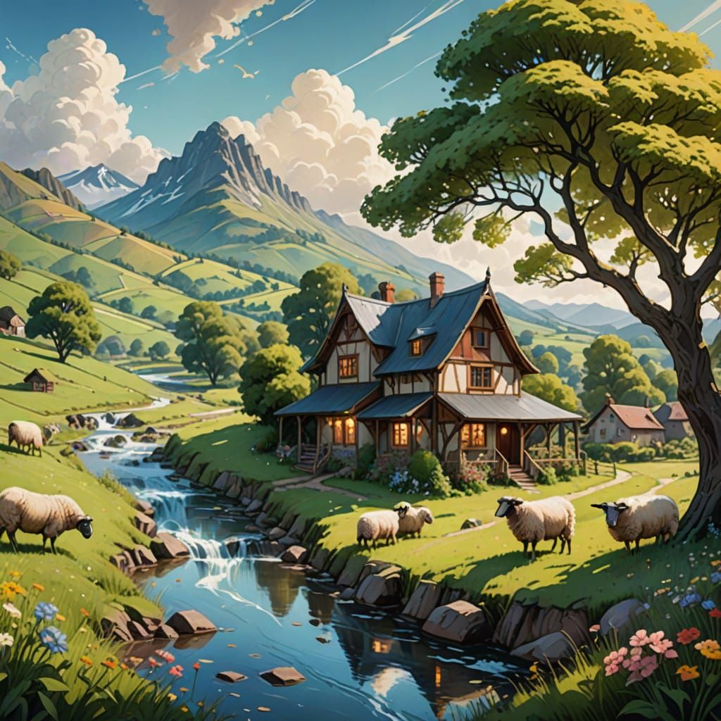 Whimsical Watercolor Village Scene in Oil Painting Style