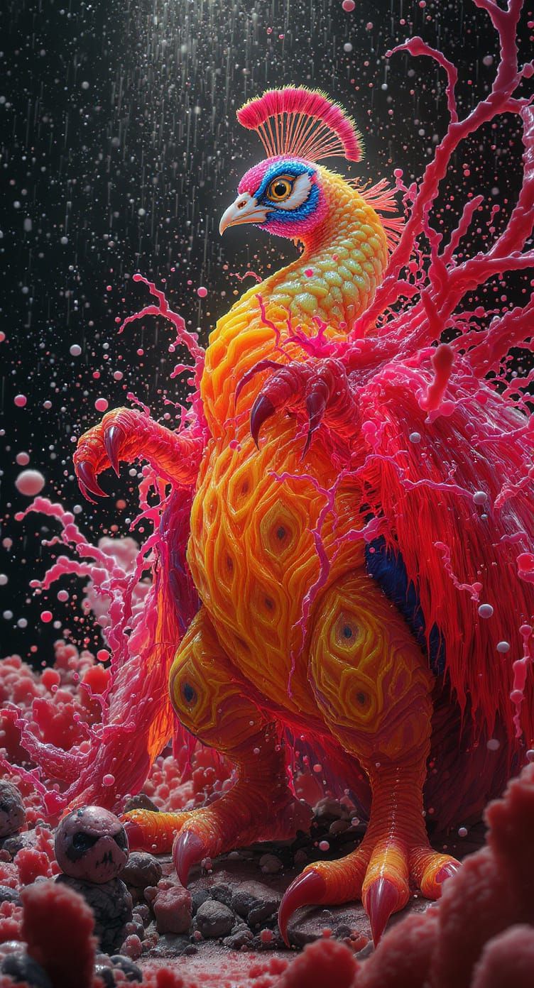Jello-Powered Peacock Monster in Maximalist Pop Art