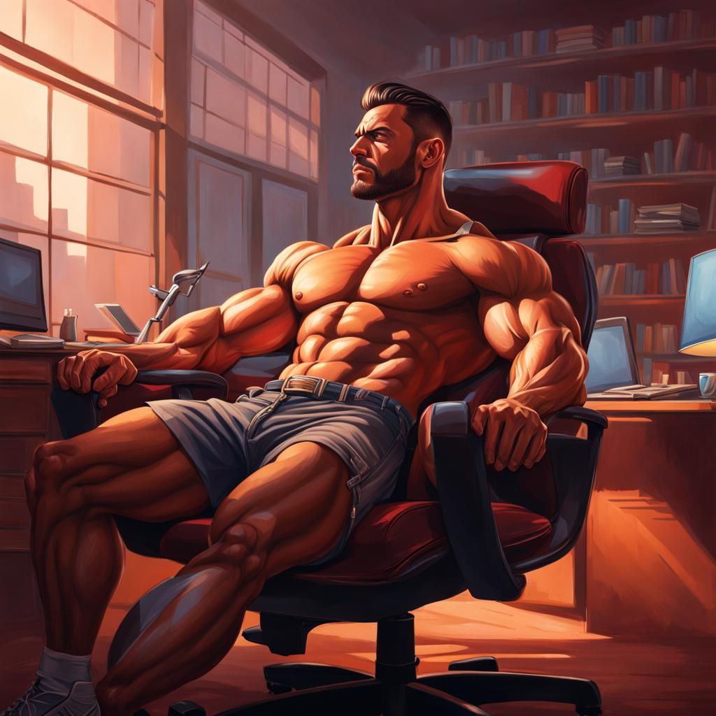 Hyperrealistic Muscle Man Relaxing in Office Chair