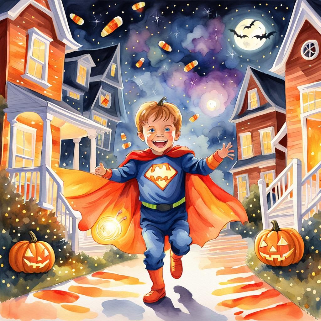 Whimsical Halloween Night Adventure in Watercolor Style