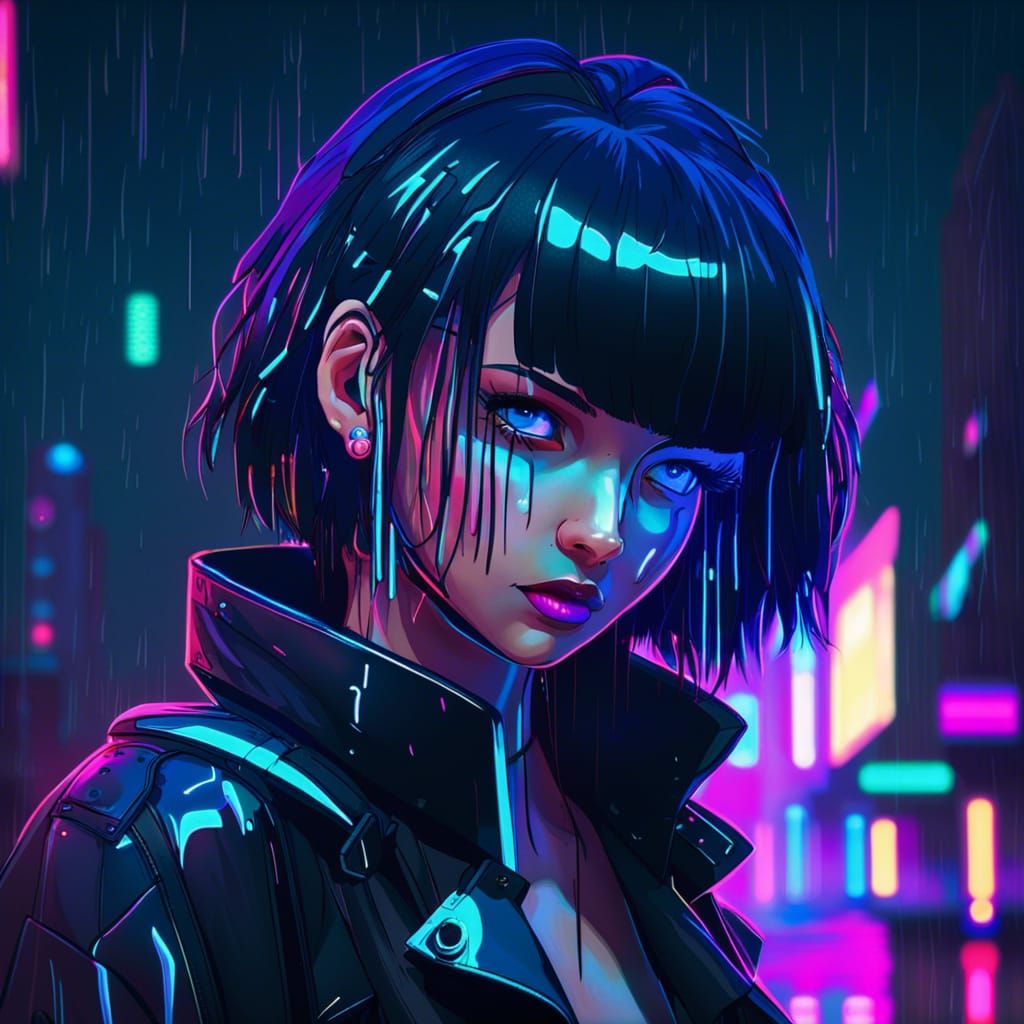 Cyberpunk Woman in Rainy Dystopian Cityscape