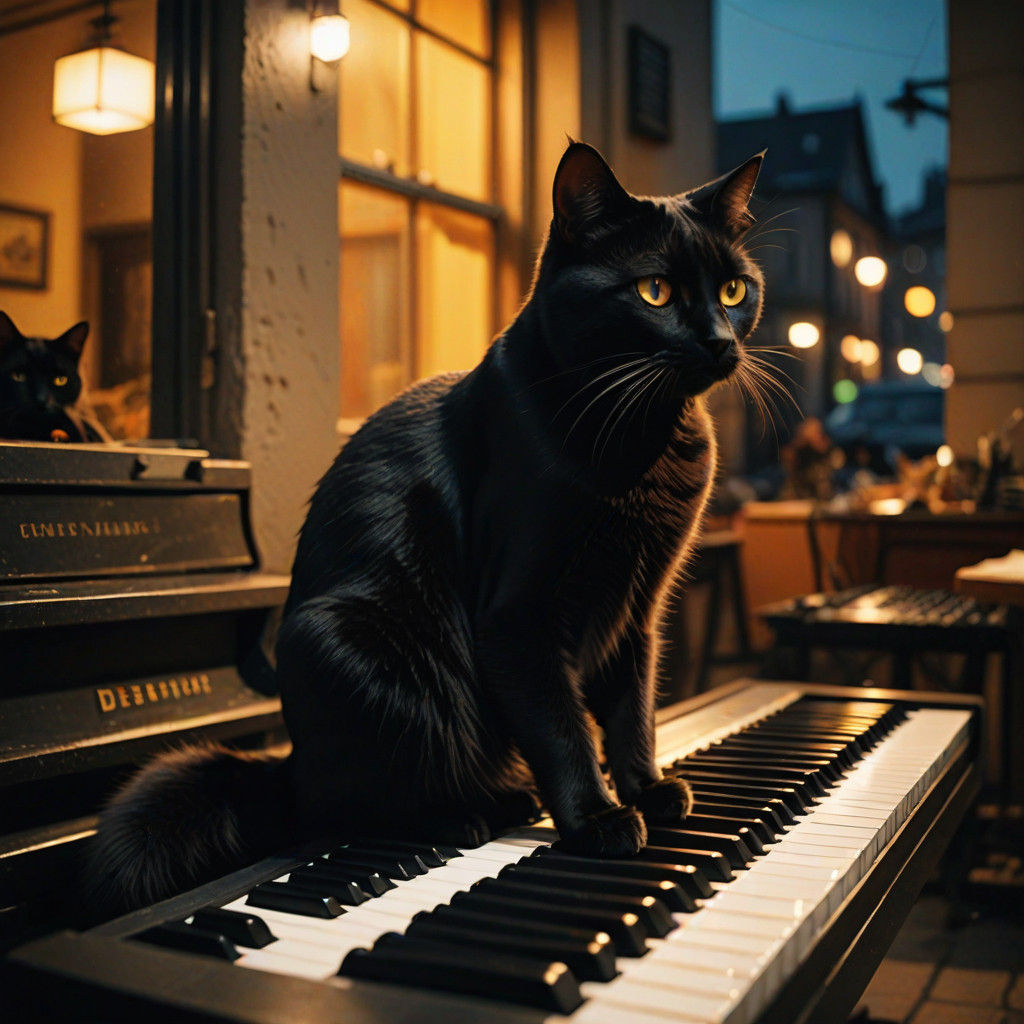 Ethereal Nighttime Scene of a Black Cat on a Musical Keyboar...