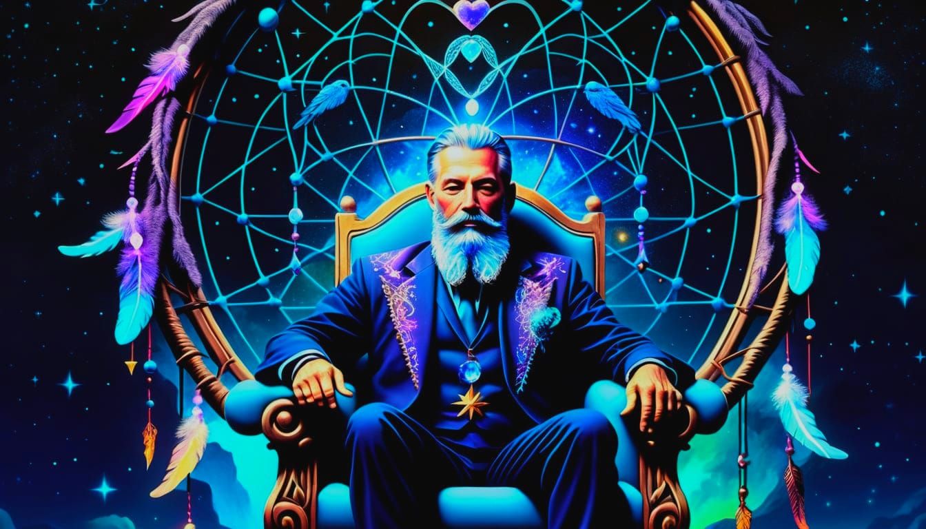 Cosmic Father on Crystalline Throne in Psychedelic Galaxy
