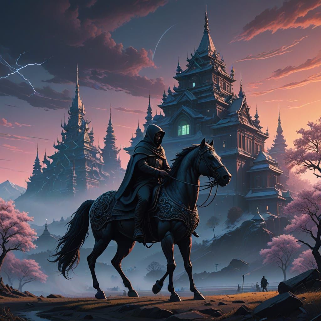 Heroic Figure Rides Majestic Horses Through Fantastical Land...