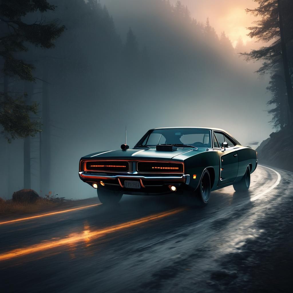 Dodge Charger Drifting on Misty Mountain Road
