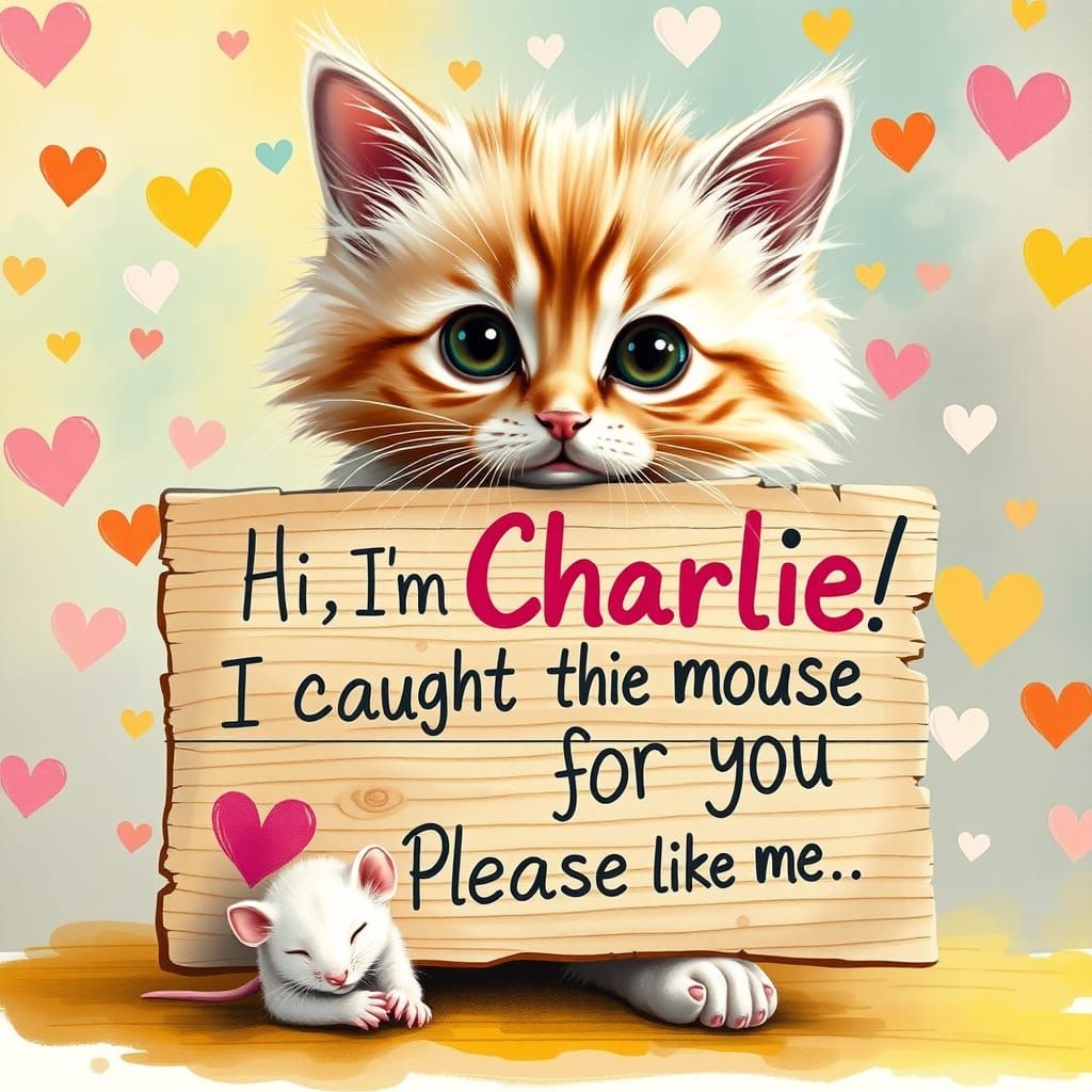 Charming Whimsical Kitten Portrait in Watercolor Style