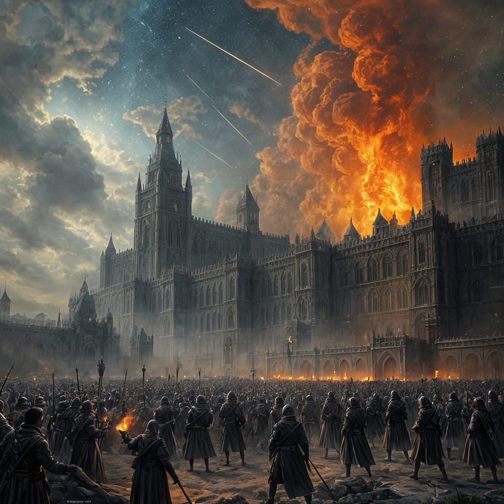 Armies Besiege a Towering City Under Starry Skies in a Dark,...