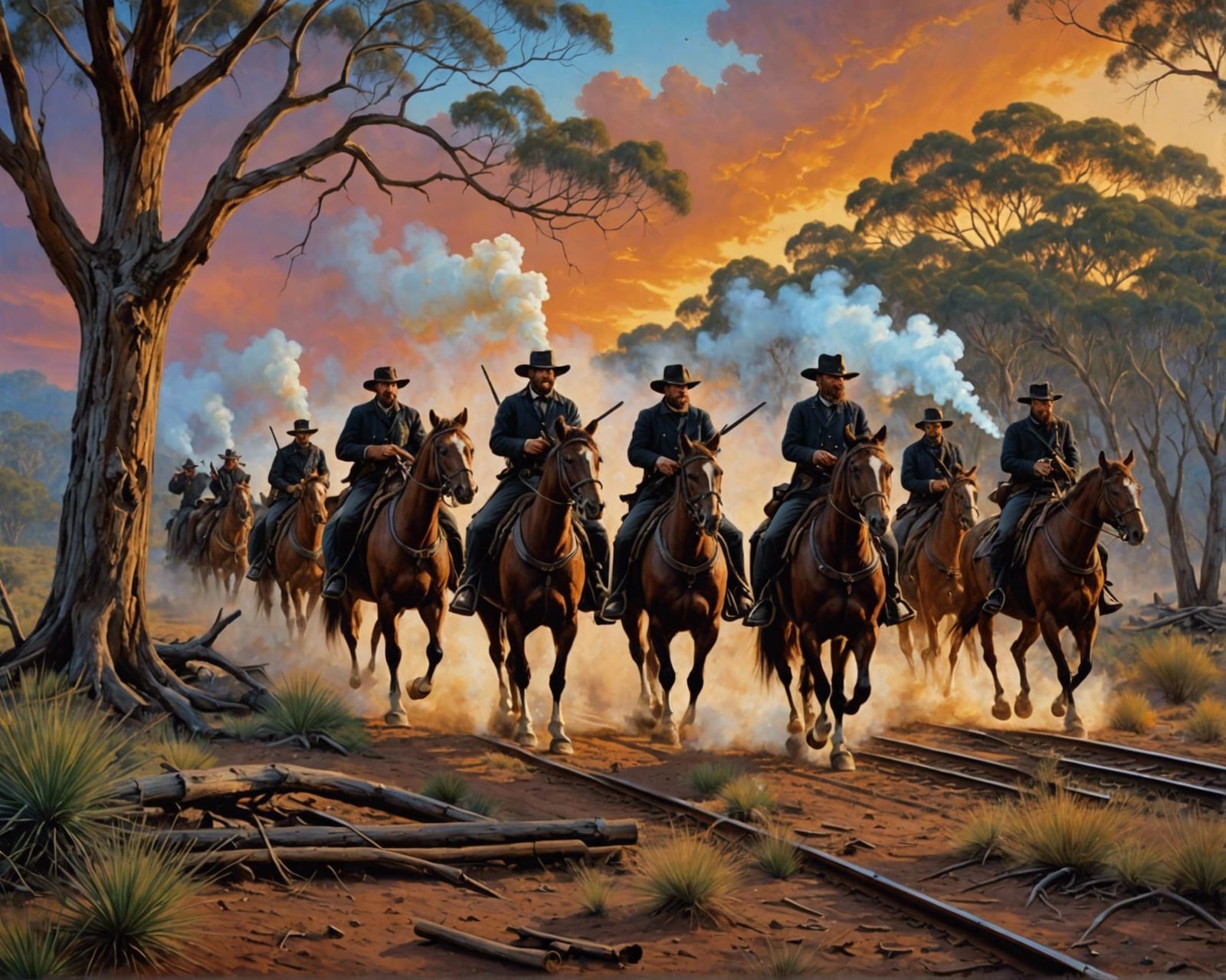 Bushrangers Robbing a Steam Train: Oil Painting Action