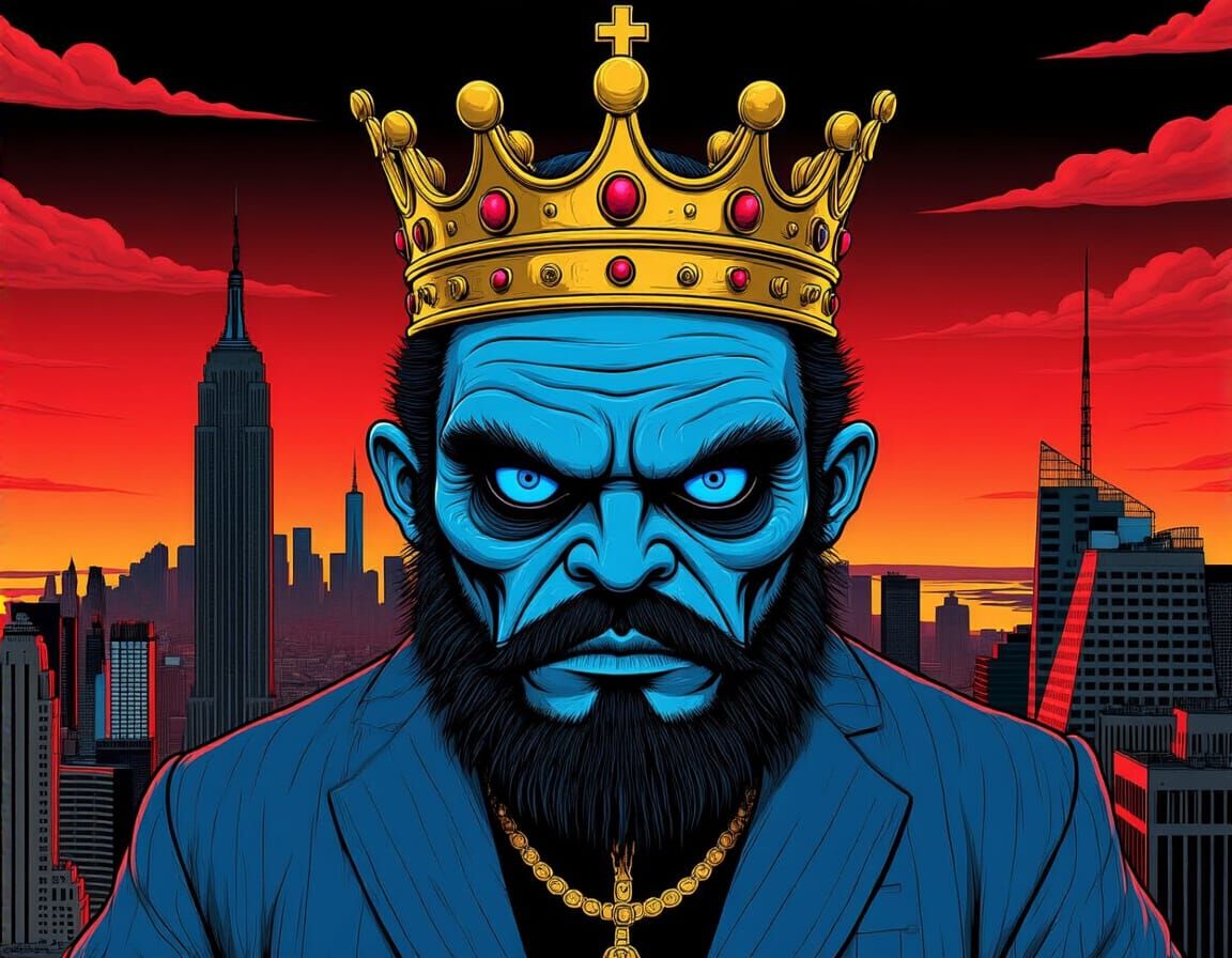 Blue King in New York, Pixar-Style Illustration