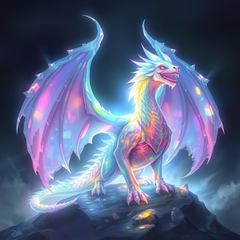 Crystal Dragon with Rainbow Wings in Epic Fantasy