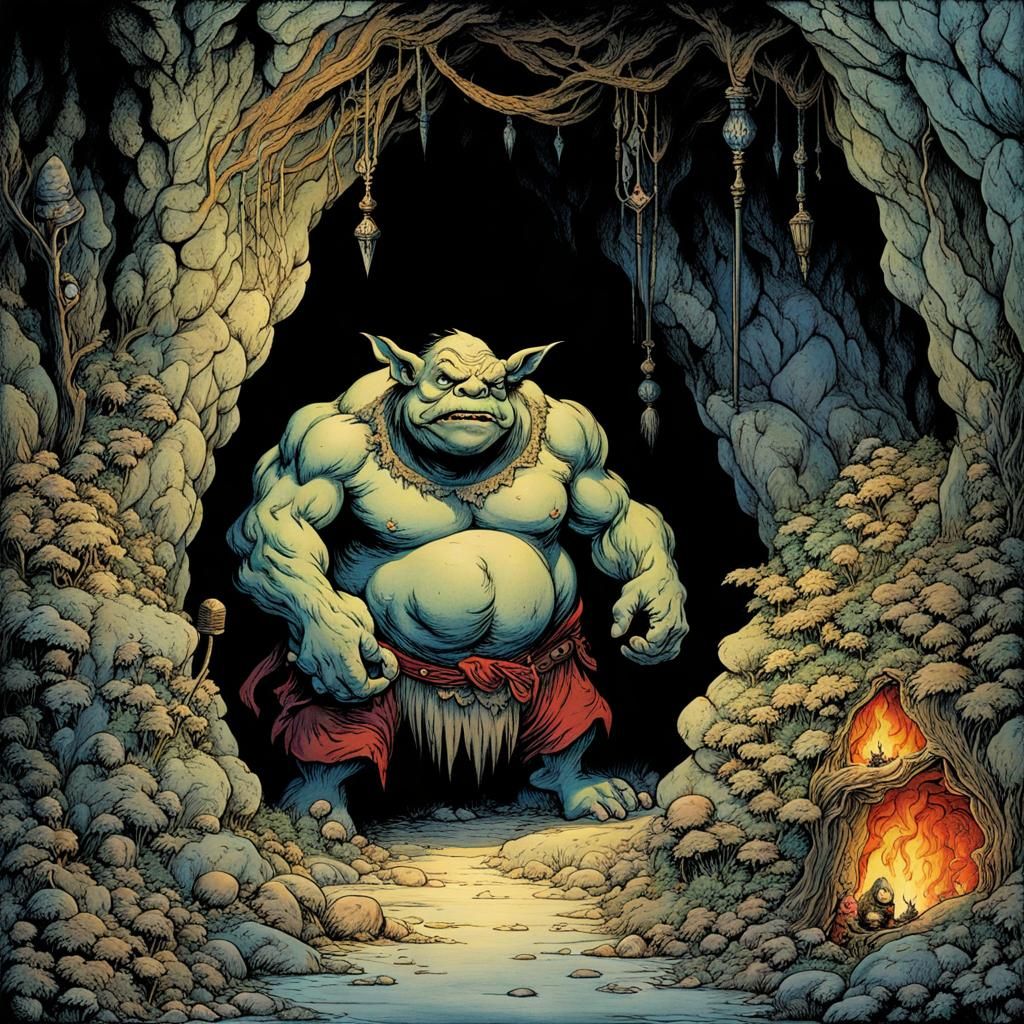 Cruel Ogre in Cave, Arthur Rackham Style