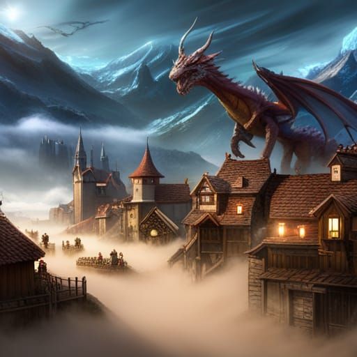Giant Dragon Attacks Village: Detailed Matte Painting