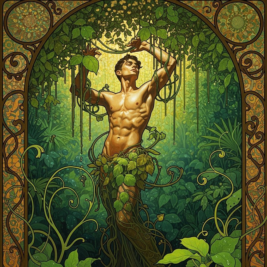 Art Nouveau Jungle Man Entwined in Green Vines