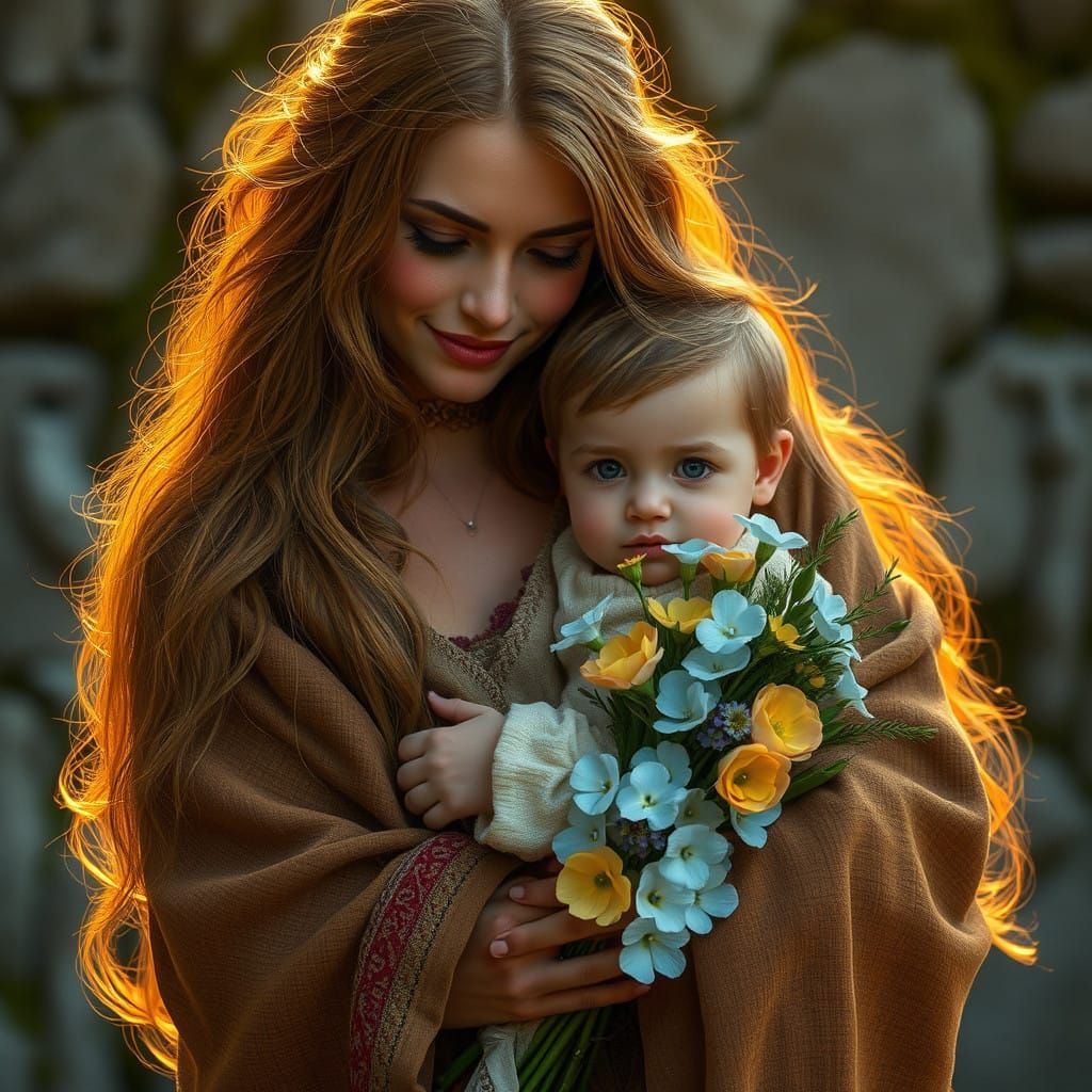 Serene Motherly Love in Earth-Toned Splendor