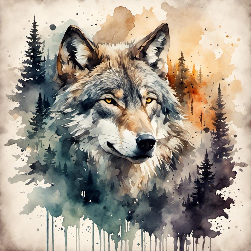 Stunning Wolf in Antique Watercolor Style