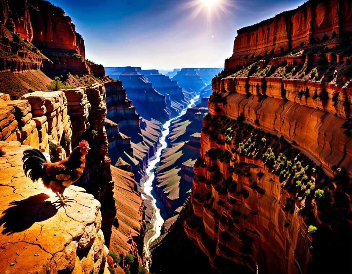 Chicken Gazing Over Grand Canyon Cliff