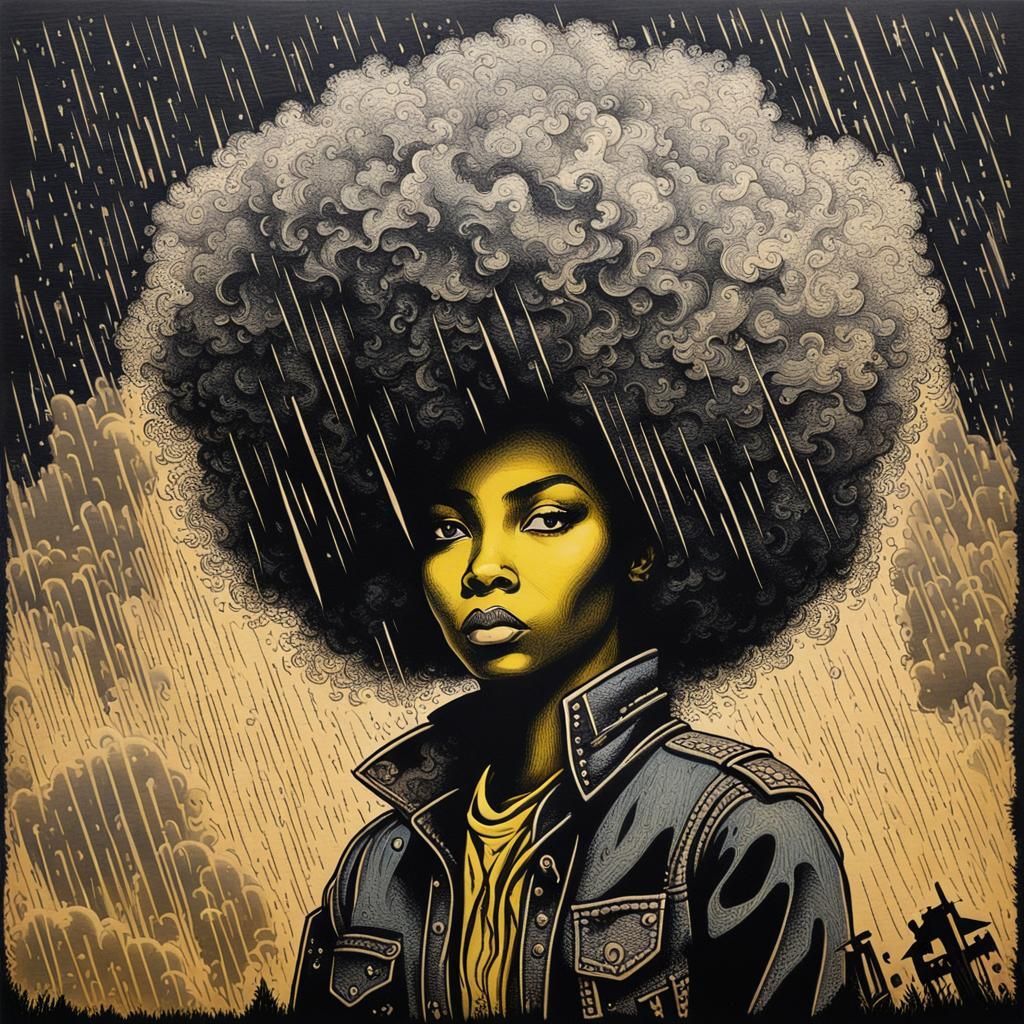 Afro Puff Cowgirl in Stormy Wood Etching