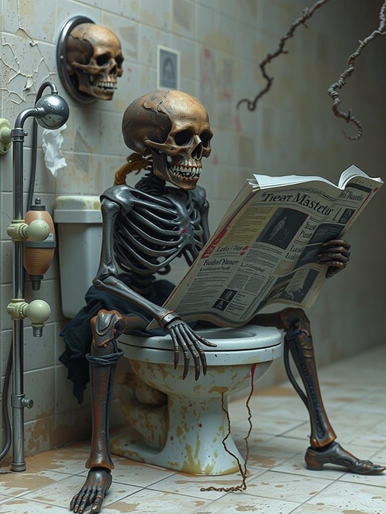 Macabre Skeleton Sits atop Grimy Porcelain Throne