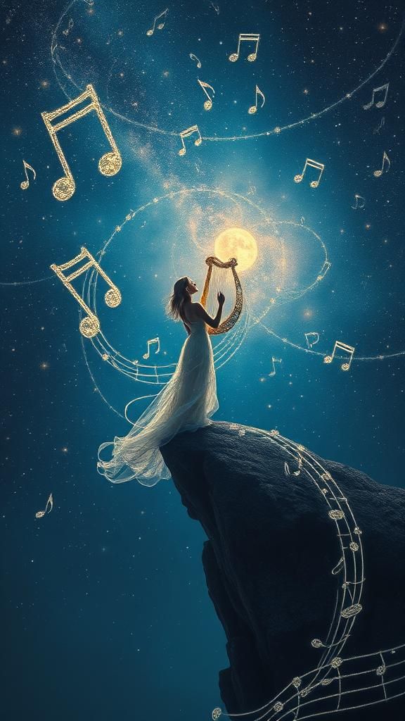 A cosmic scene where musical notes form constellations in a ...