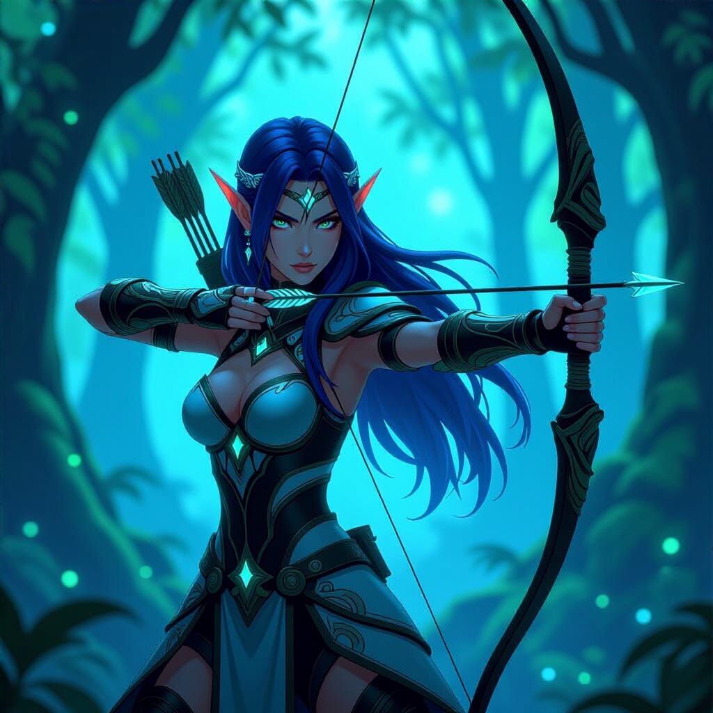 Anime Elven Warrior Guarding Bioluminescent Forest