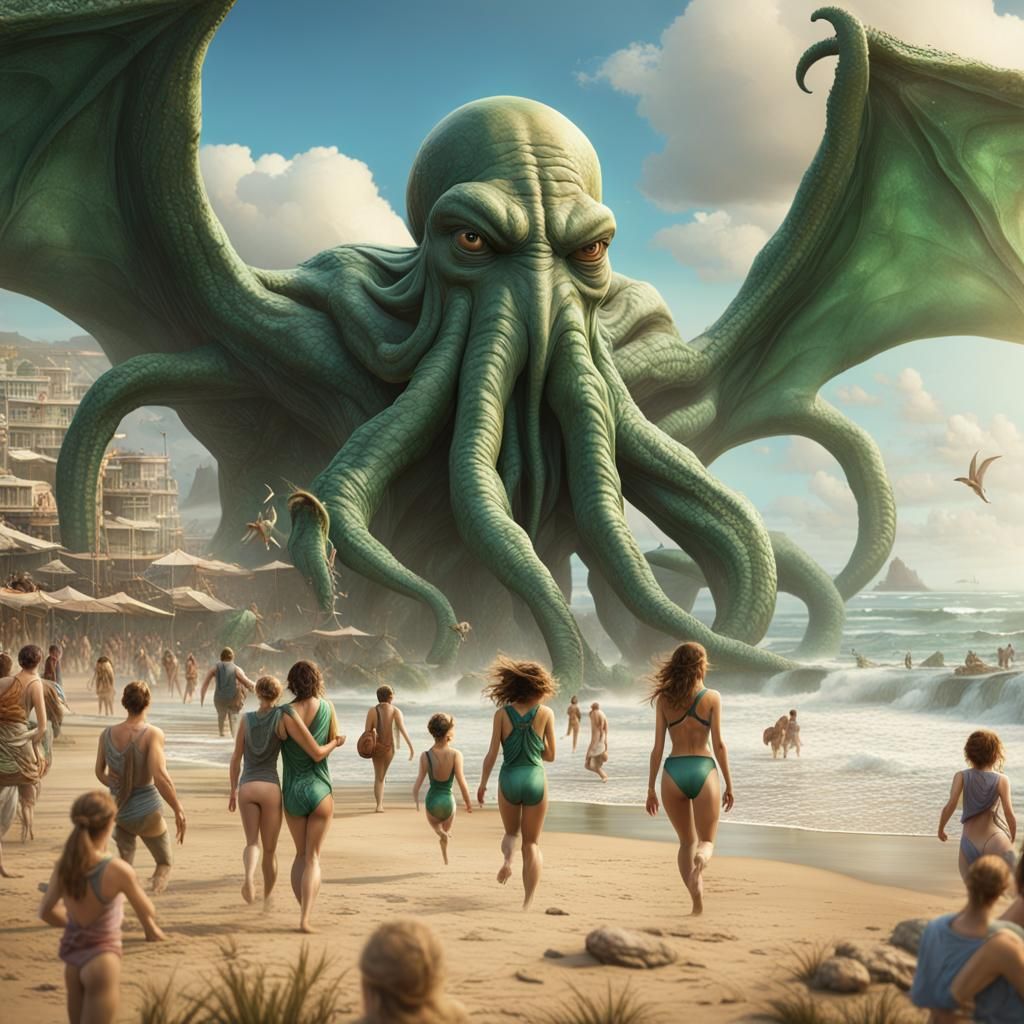 Great Cthulhu on a Crowded Beach in Photorealistic Style