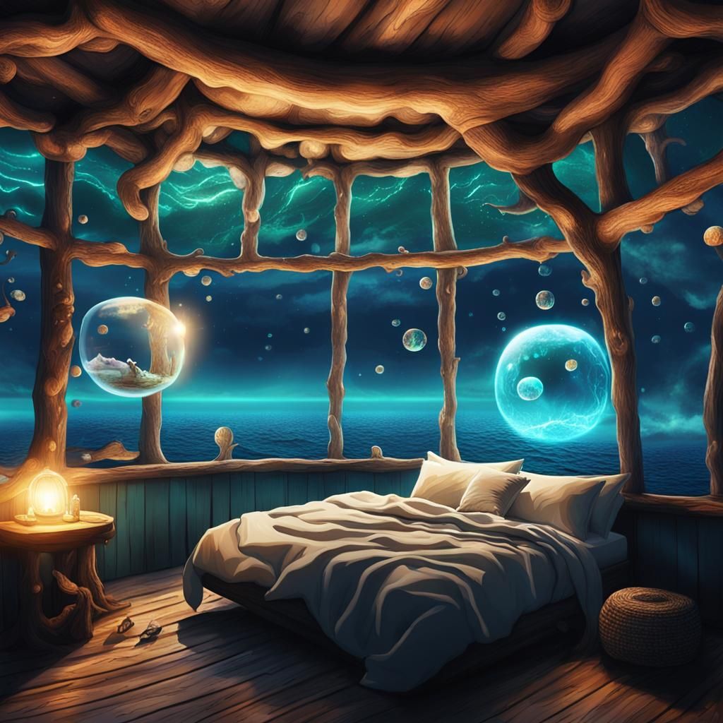 Enchanted Oceanic Treehouse with Aurora Sky