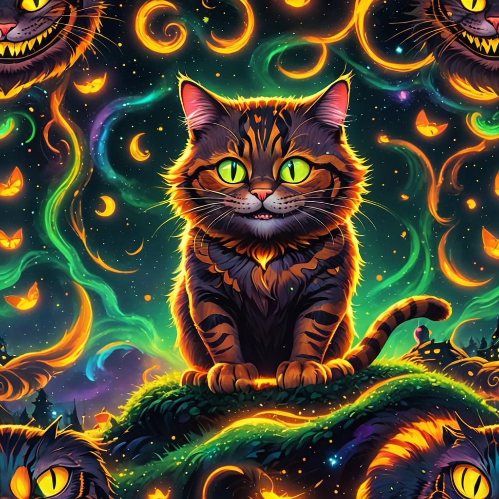 Neon Cheshire Cat in Aurora Night Sky