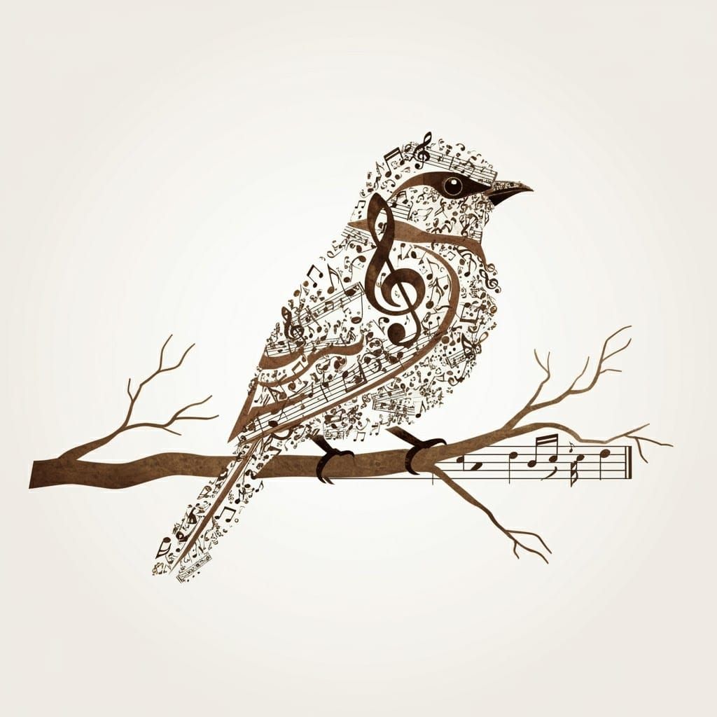 Musical Bird Made of Notes on Branch