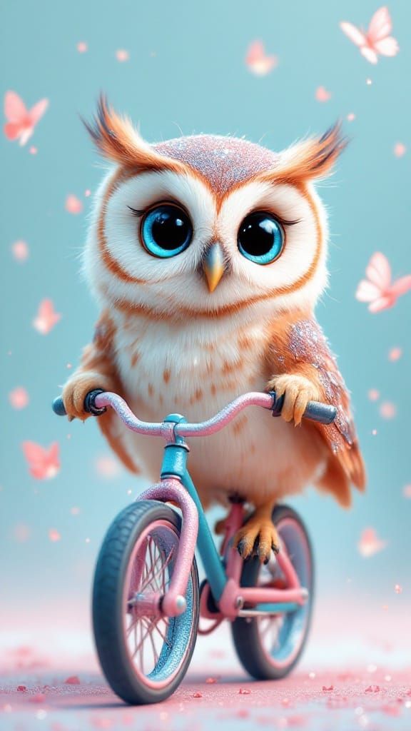 Charming Animated Baby Owl Rides Sparkling Bicycle