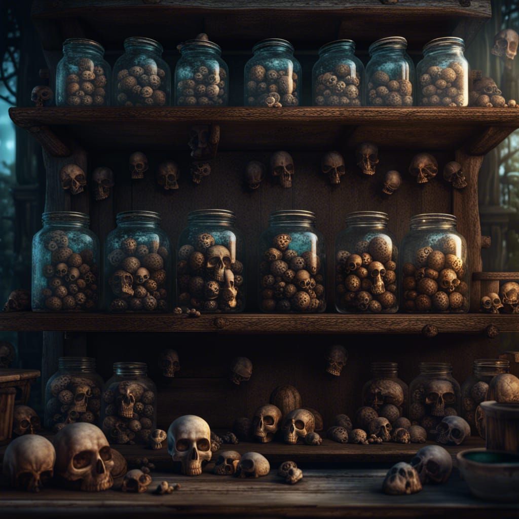 Rustic Shelves Displaying Tiny Skulls in Glass Jars