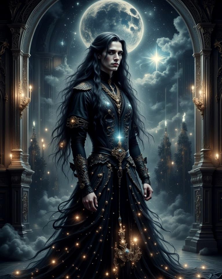 Shimmering Goth Man in Celestial Gothic Hall