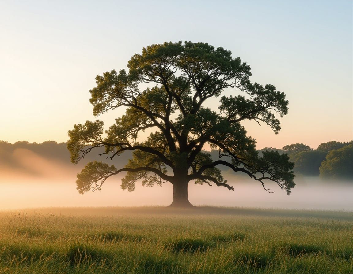 Misty Dawn Meadow with Ancient Oak Tree