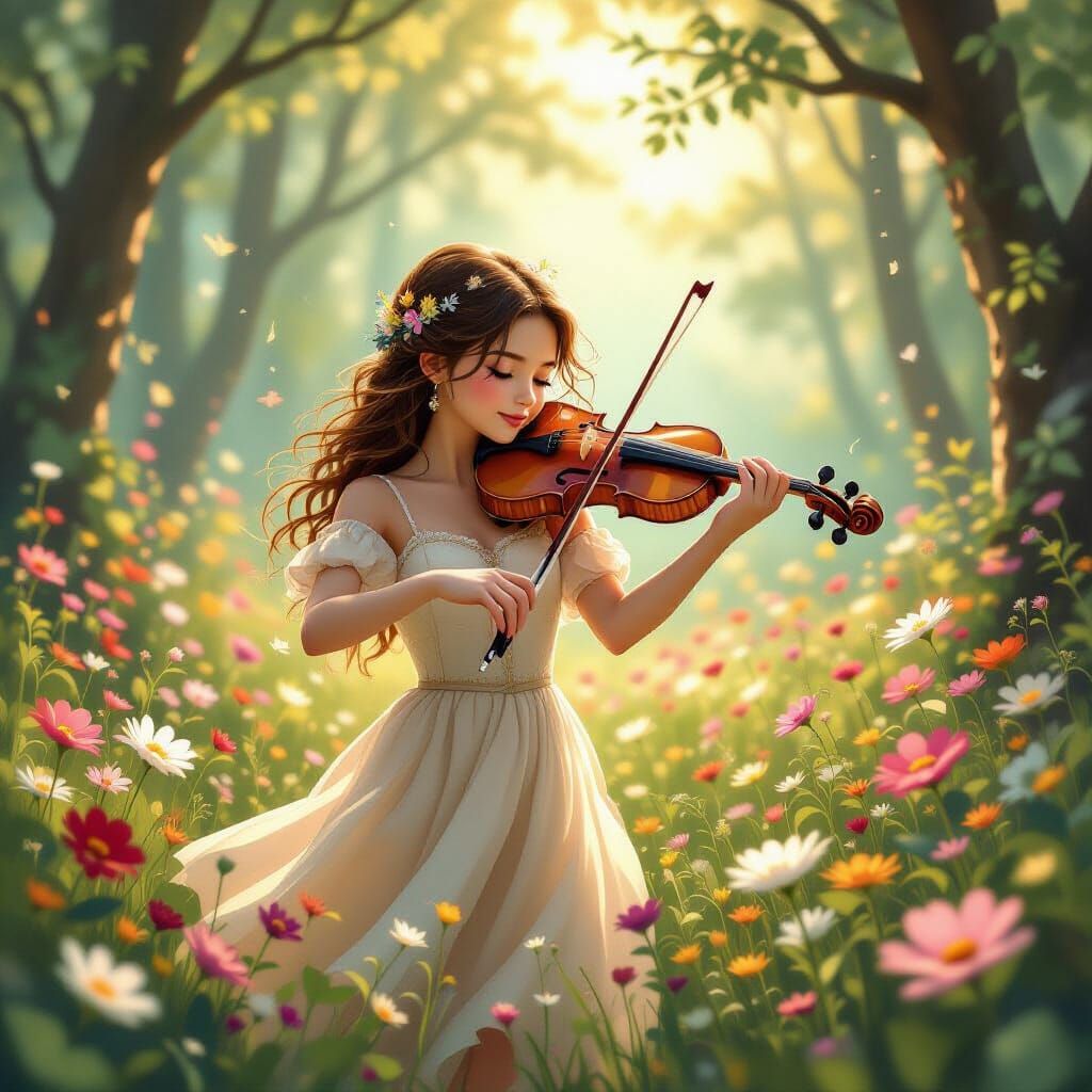 Violinist in Dewy Forest: Dreamy Fairy Tale Image