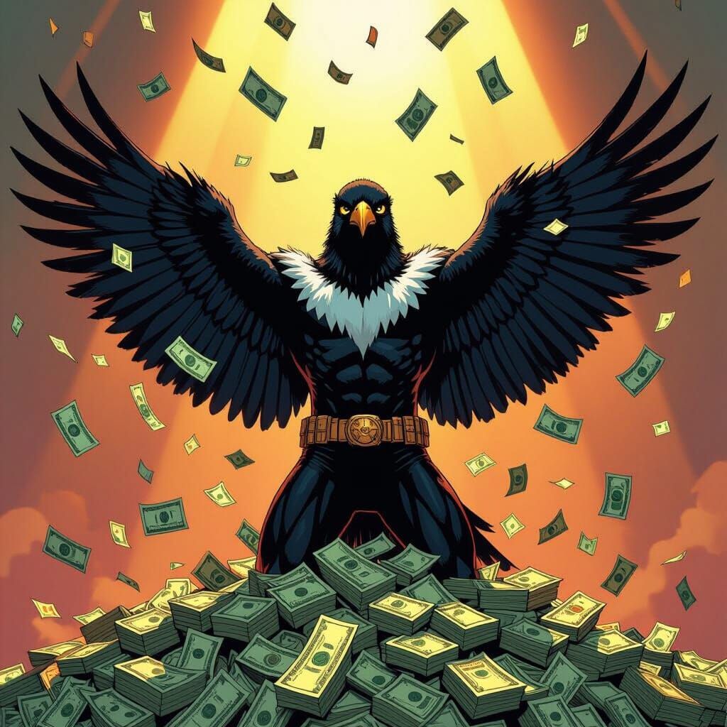 Birdman Triumphant with Falling Dollars in Comic Style