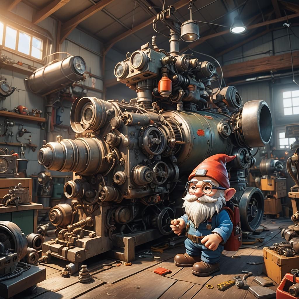 Gnome Mechanic Works on Airplane Engine in Anime Art