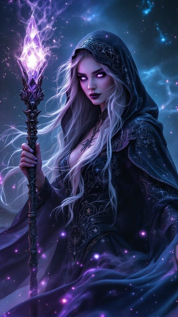 Cosmic Sorceress in Midnight Blue Robe with Radiant Violet E...