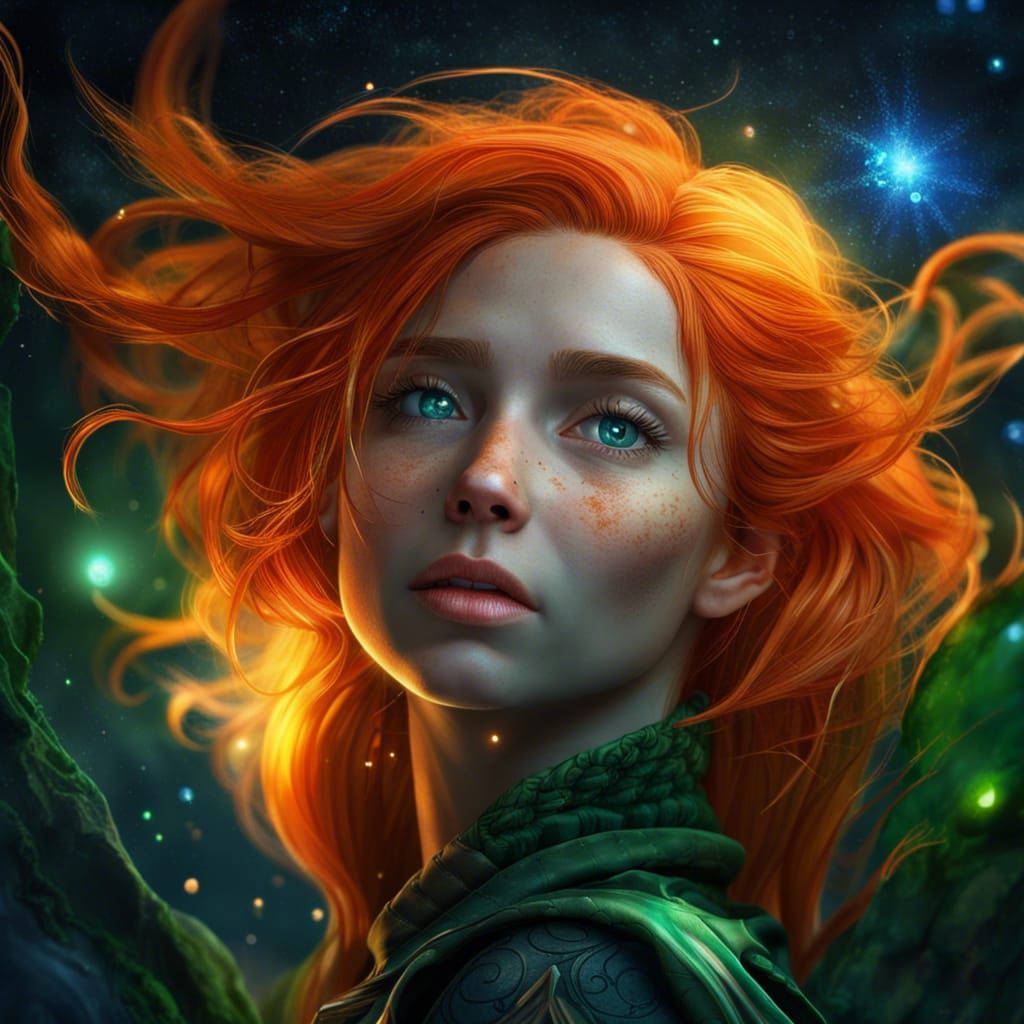 Orange-Haired Girl Gazing at Stars: Fantasy Art