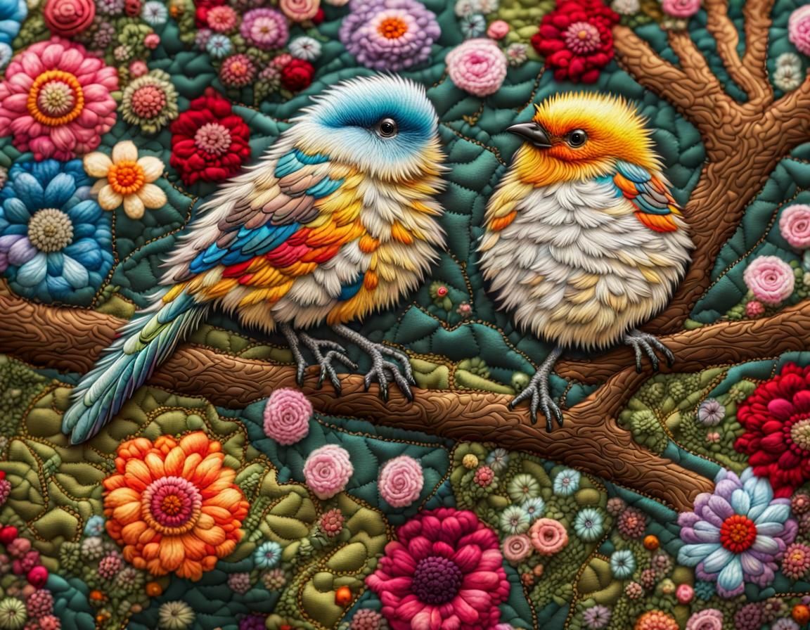 Embroidered Bird on Mossy Branch Tapestry