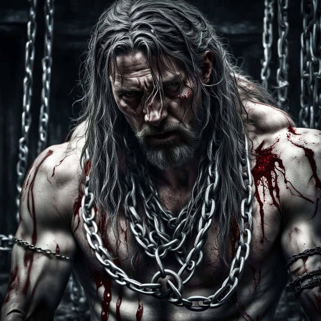 Hyperrealistic Chained Man: Defeated and Bloody