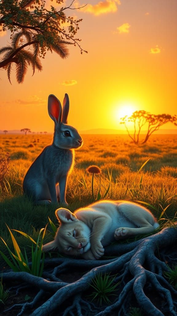 Rabbit Guarding Lion Cub at Golden Hour
