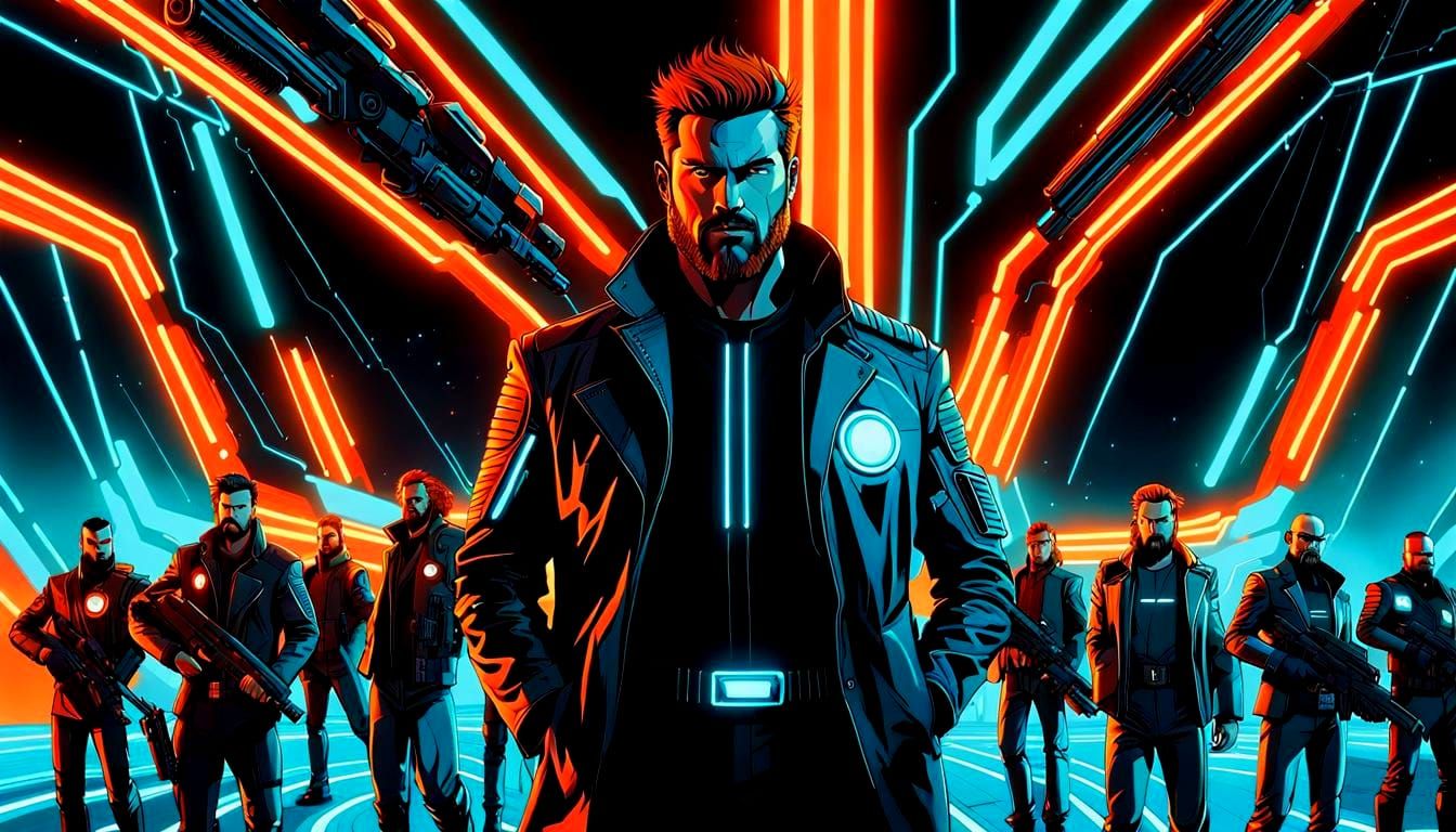 Menacing Man Guarded by Cyborgs in Cyberpunk Style
