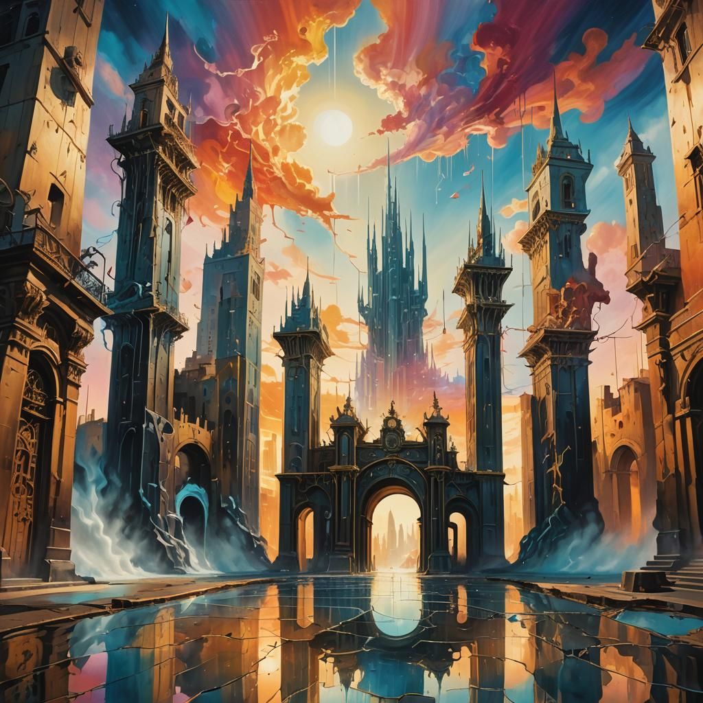 Surreal Futuristic Cityscape with Dreamlike Gates