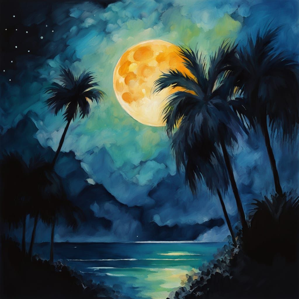 Luminous Moon Over Palm Tree in Impressionist Gouache Style