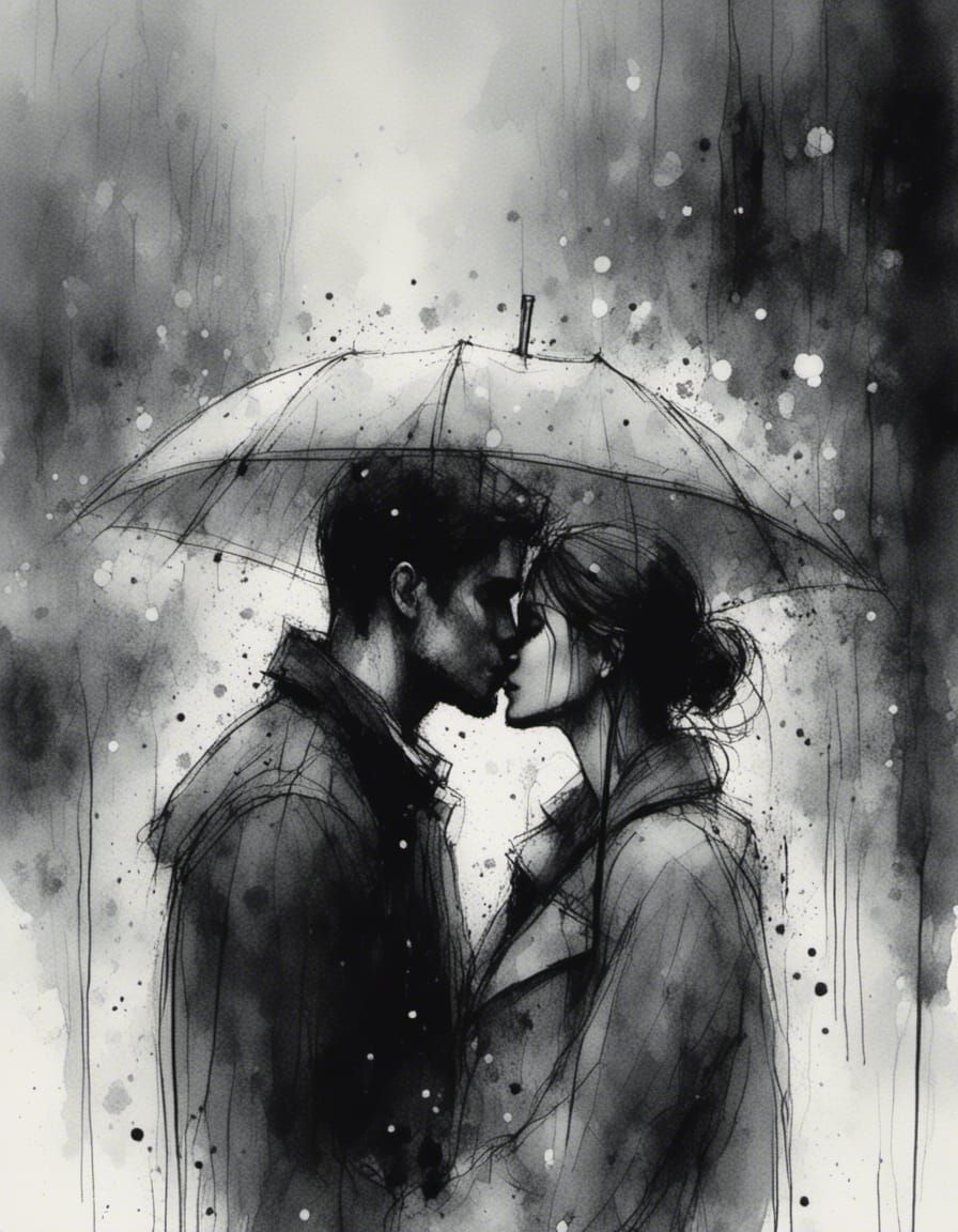 Romantic Kissing Scene in Charcoal and Ink