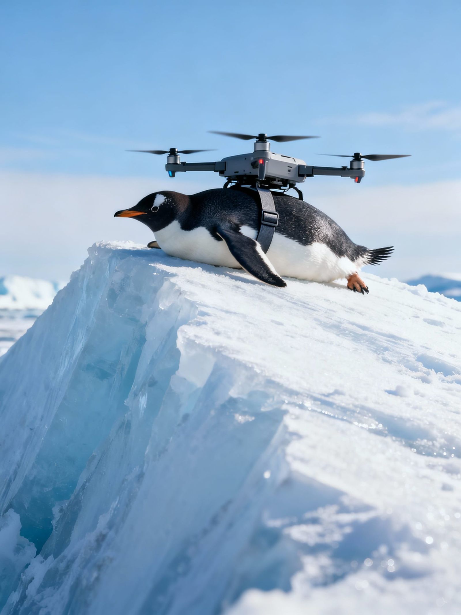 Penguin With Drone Ready For Flight On Ice
